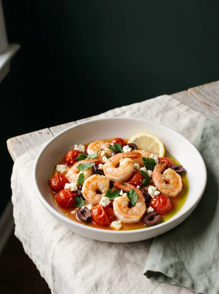 Mediterranean shrimp from frozen in a white bowl with burst cherry tomatoes, olives, crumbled feta and parsley