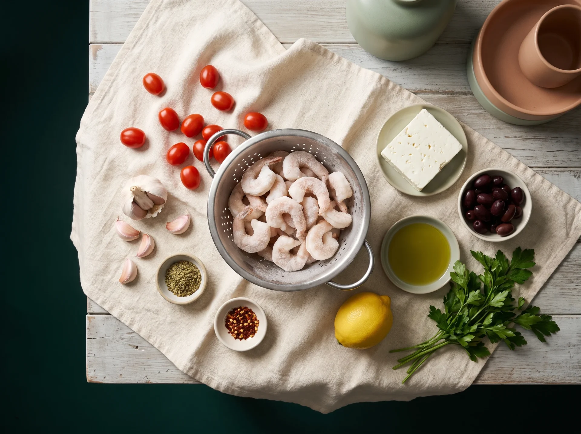 Frozen raw shrimp in a colander with cherry tomatoes, garlic, feta, olives, lemon and parsley laid out