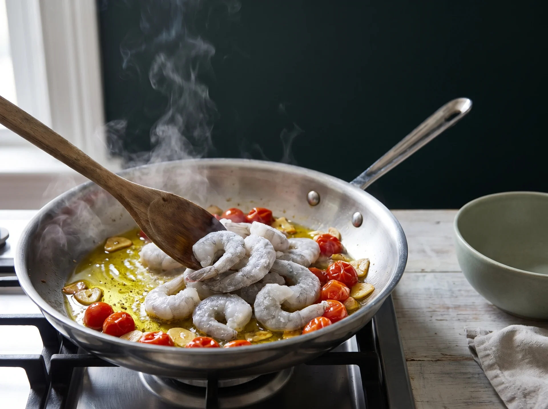 Still-frozen grey shrimp added in a single layer to a skillet of blistered cherry tomatoes and sliced garlic