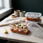 Cooked shrimp in tomato sauce portioned into glass meal-prep containers with feta and olives