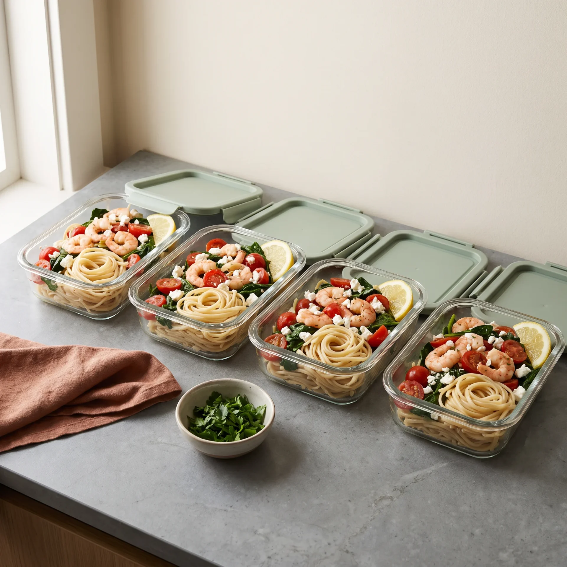 Four glass meal-prep containers of shrimp linguine with tomatoes, spinach, feta and a lemon wedge on a stone worktop