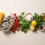 Raw ingredients for shrimp linguine: dry pasta, peeled shrimp, cherry tomatoes, spinach, feta, lemon, garlic and olive oil