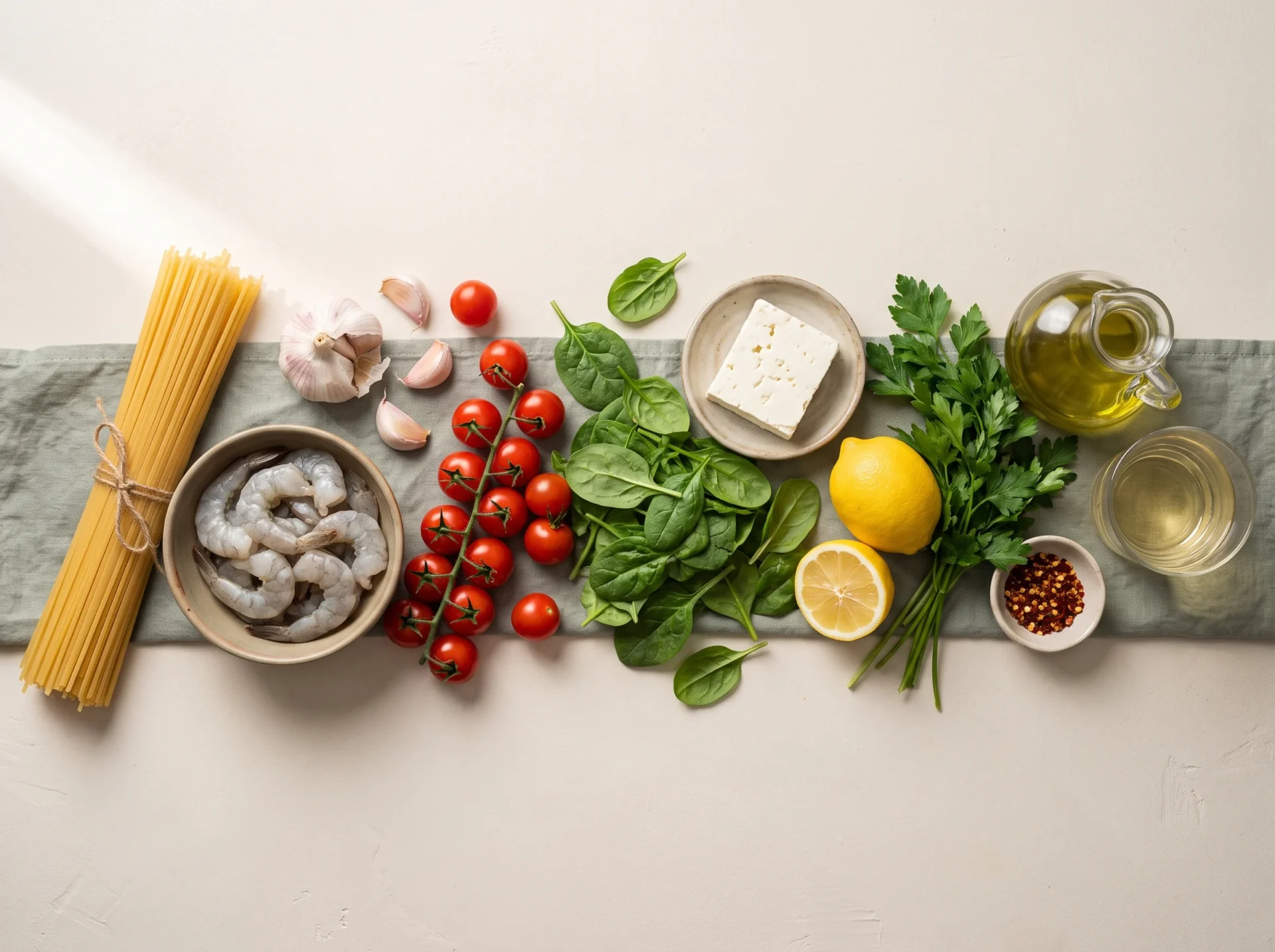 Raw ingredients for shrimp linguine: dry pasta, peeled shrimp, cherry tomatoes, spinach, feta, lemon, garlic and olive oil