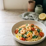 Mediterranean shrimp linguine in a white bowl with seared shrimp, blistered cherry tomatoes, spinach and crumbled feta