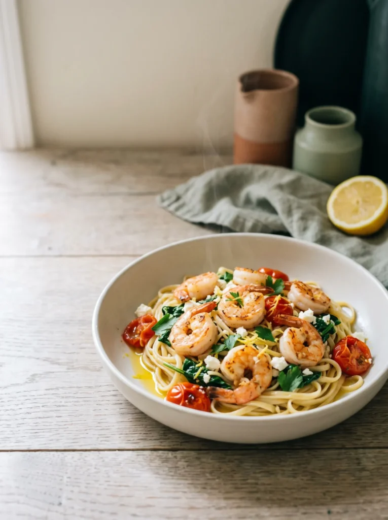 Mediterranean shrimp linguine in a white bowl with seared shrimp, blistered cherry tomatoes, spinach and crumbled feta