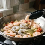 Shrimp turning pink in a steel skillet of garlic oil and blistering cherry tomatoes, tongs lifting one shrimp
