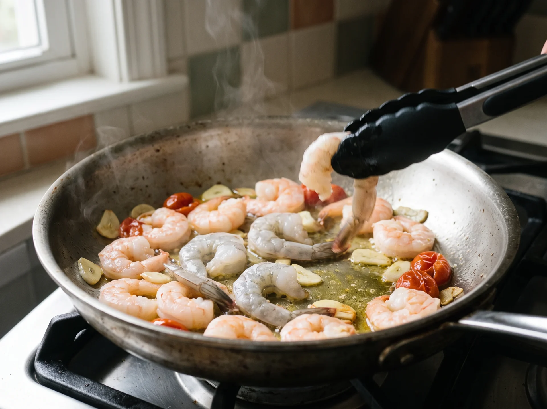 Shrimp turning pink in a steel skillet of garlic oil and blistering cherry tomatoes, tongs lifting one shrimp