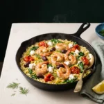 One pan Mediterranean shrimp orzo skillet in a cast-iron pan with feta, olives, tomatoes and dill