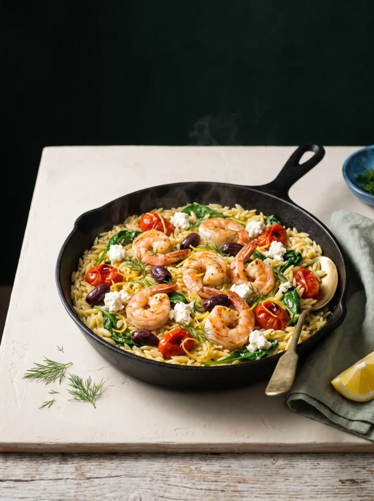 One pan Mediterranean shrimp orzo skillet in a cast-iron pan with feta, olives, tomatoes and dill
