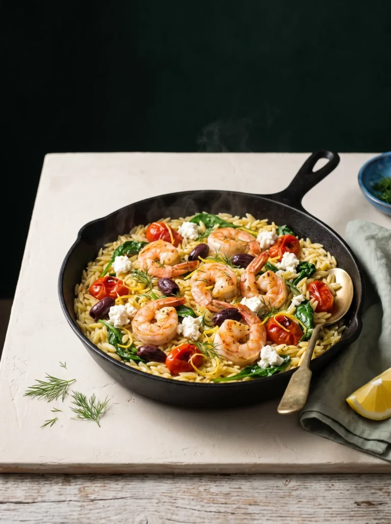 One pan Mediterranean shrimp orzo skillet in a cast-iron pan with feta, olives, tomatoes and dill