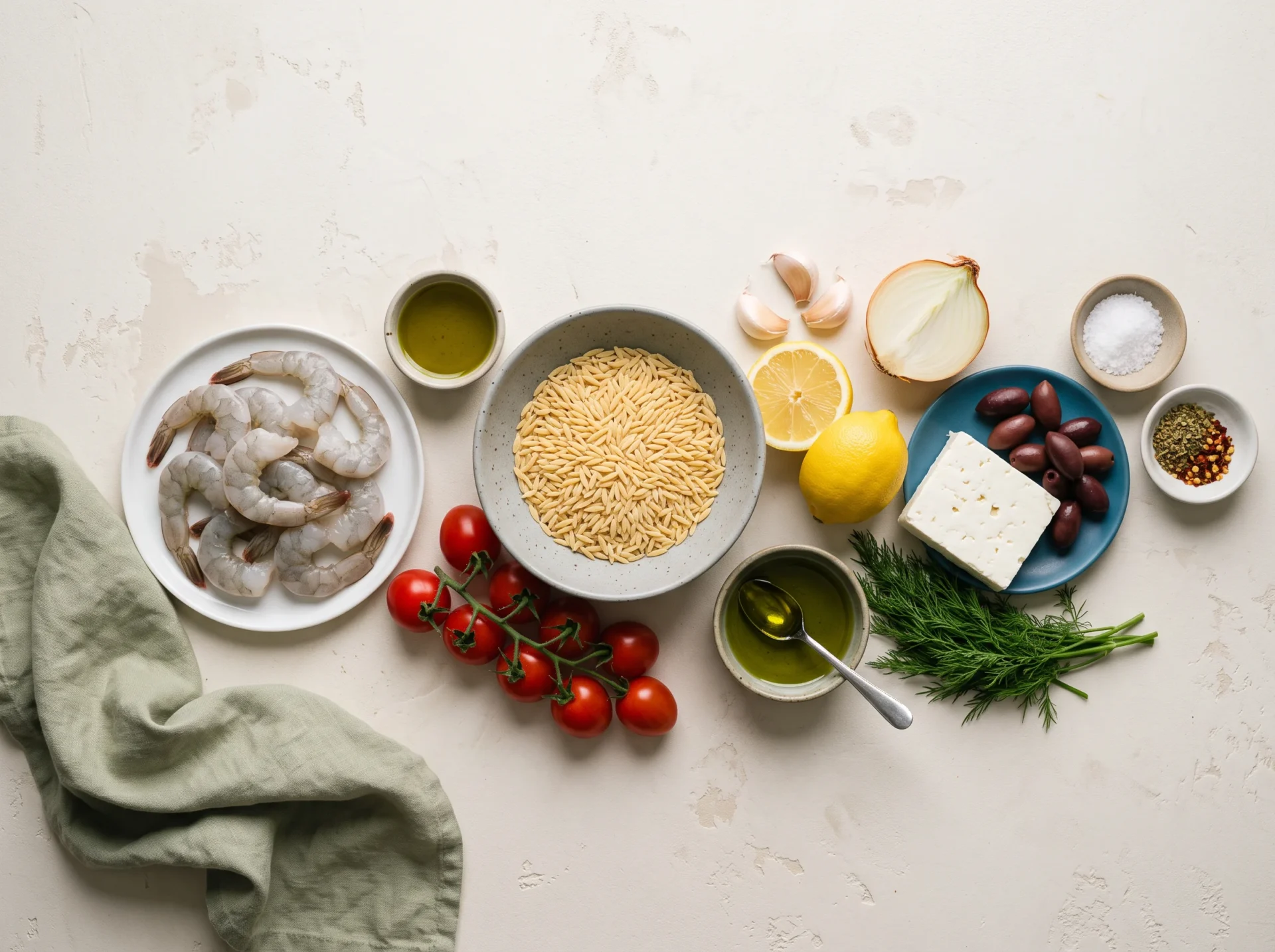 Raw shrimp, dry orzo, feta, olives, lemon, tomatoes and dill laid out on a pale worktop