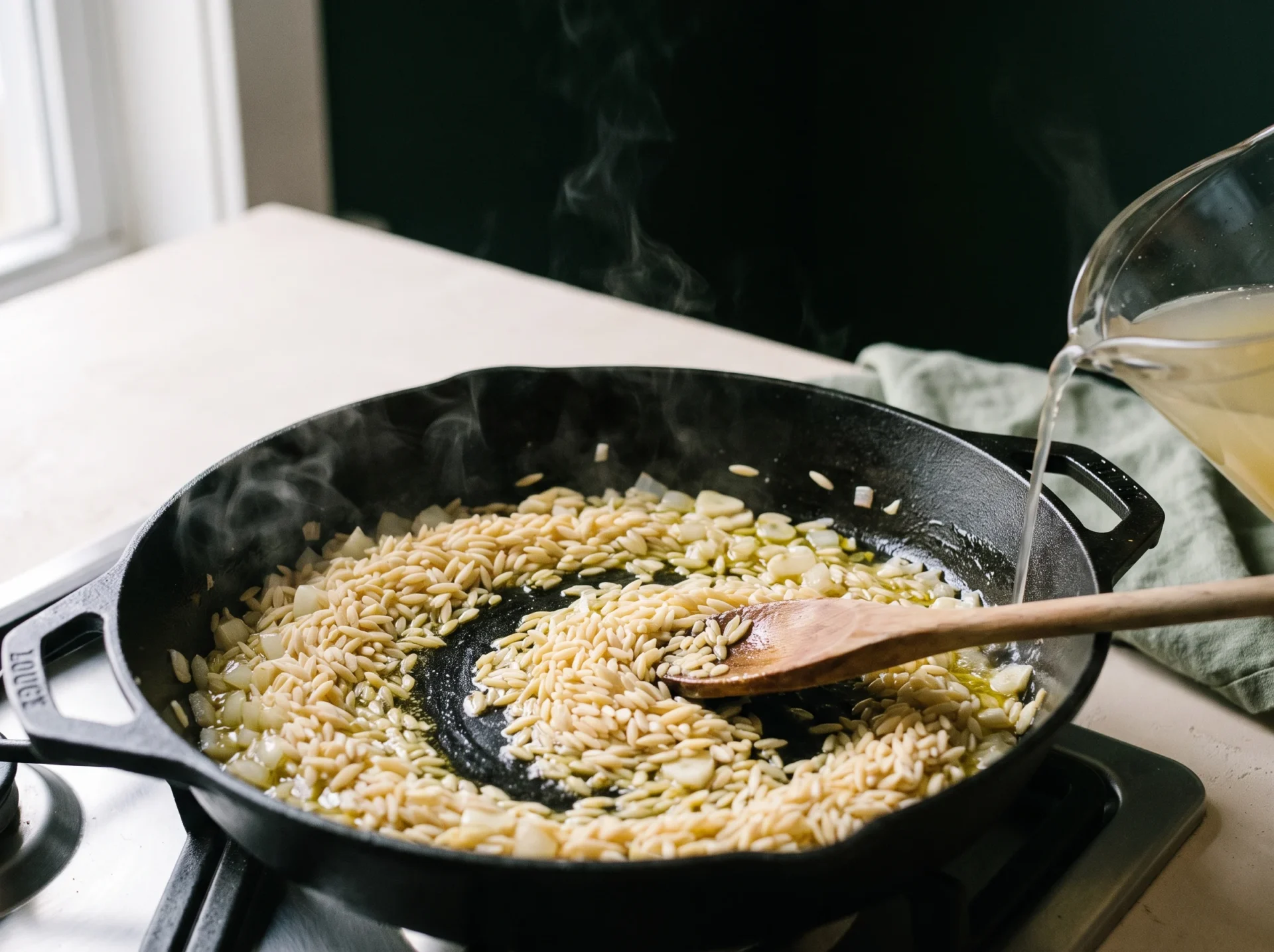 Dry orzo toasting with onion and garlic in an oiled skillet as broth is poured in