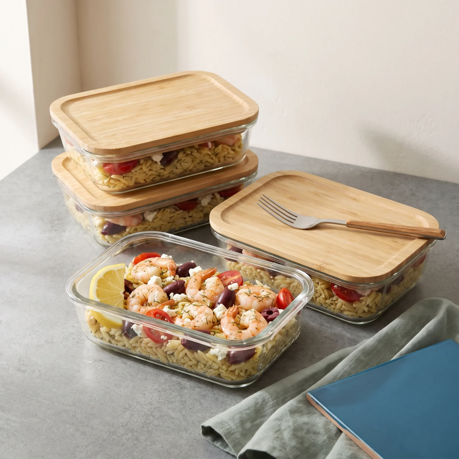 Three glass meal-prep containers packed with shrimp orzo, tomatoes, olives and feta
