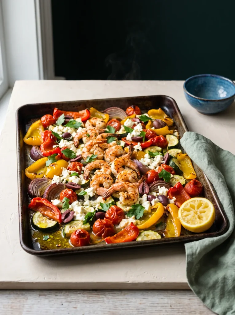 Sheet pan Mediterranean shrimp and vegetables on one roasting tray with feta, olives and parsley