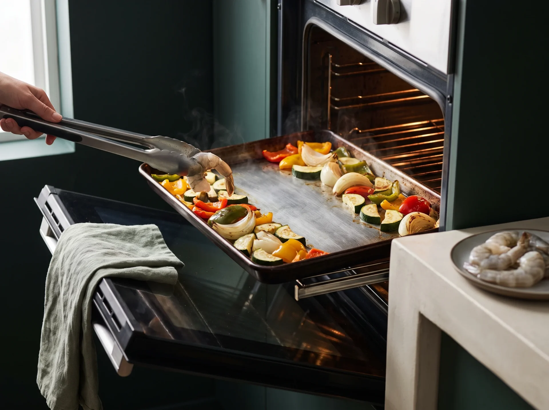 A half-sheet pan of part-roasted peppers and zucchini pulled from the oven, tongs clearing a space for the shrimp