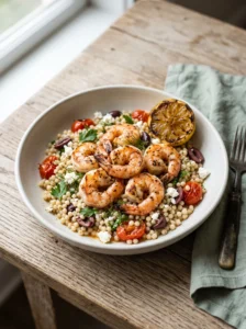 Mediterranean shrimp couscous in a white bowl with charred shrimp, blistered tomatoes, olives, feta and a grilled lemon half