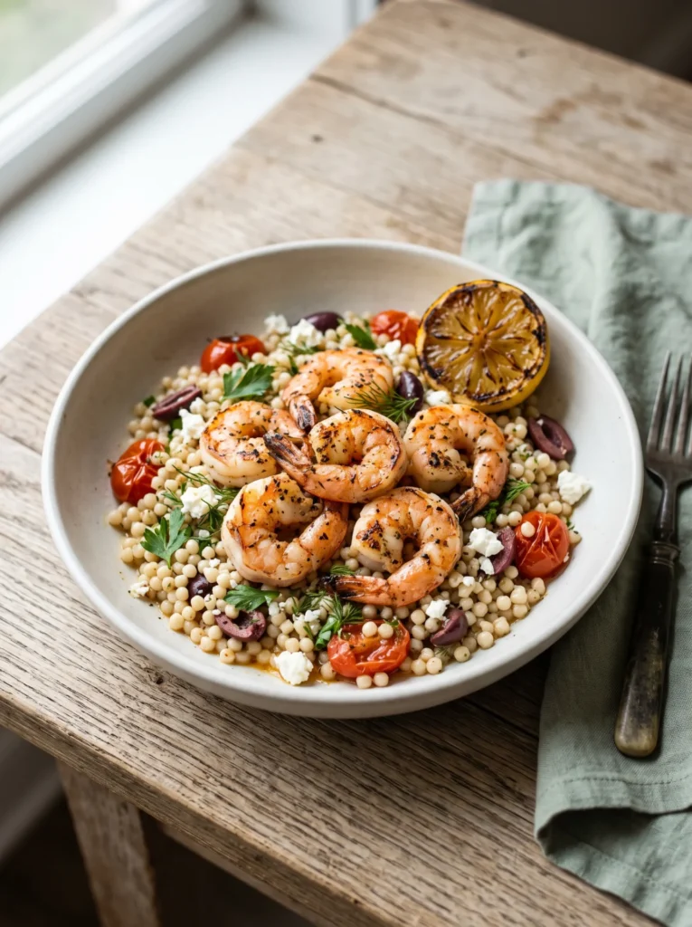 Mediterranean shrimp couscous in a white bowl with charred shrimp, blistered tomatoes, olives, feta and a grilled lemon half
