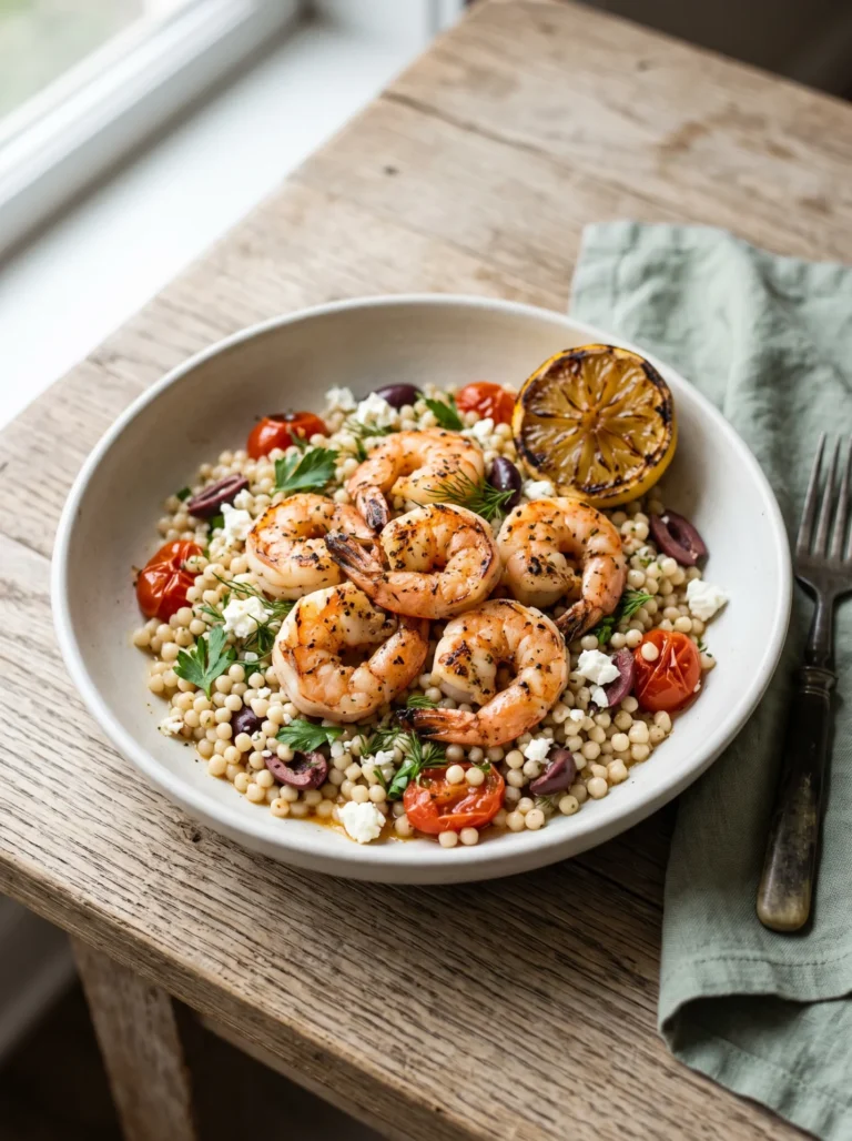 Mediterranean shrimp couscous in a white bowl with charred shrimp, blistered tomatoes, olives, feta and a grilled lemon half