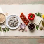 Raw ingredients laid out for shrimp couscous: pearl couscous, peeled shrimp, tomatoes, red pepper, onion, olives and feta