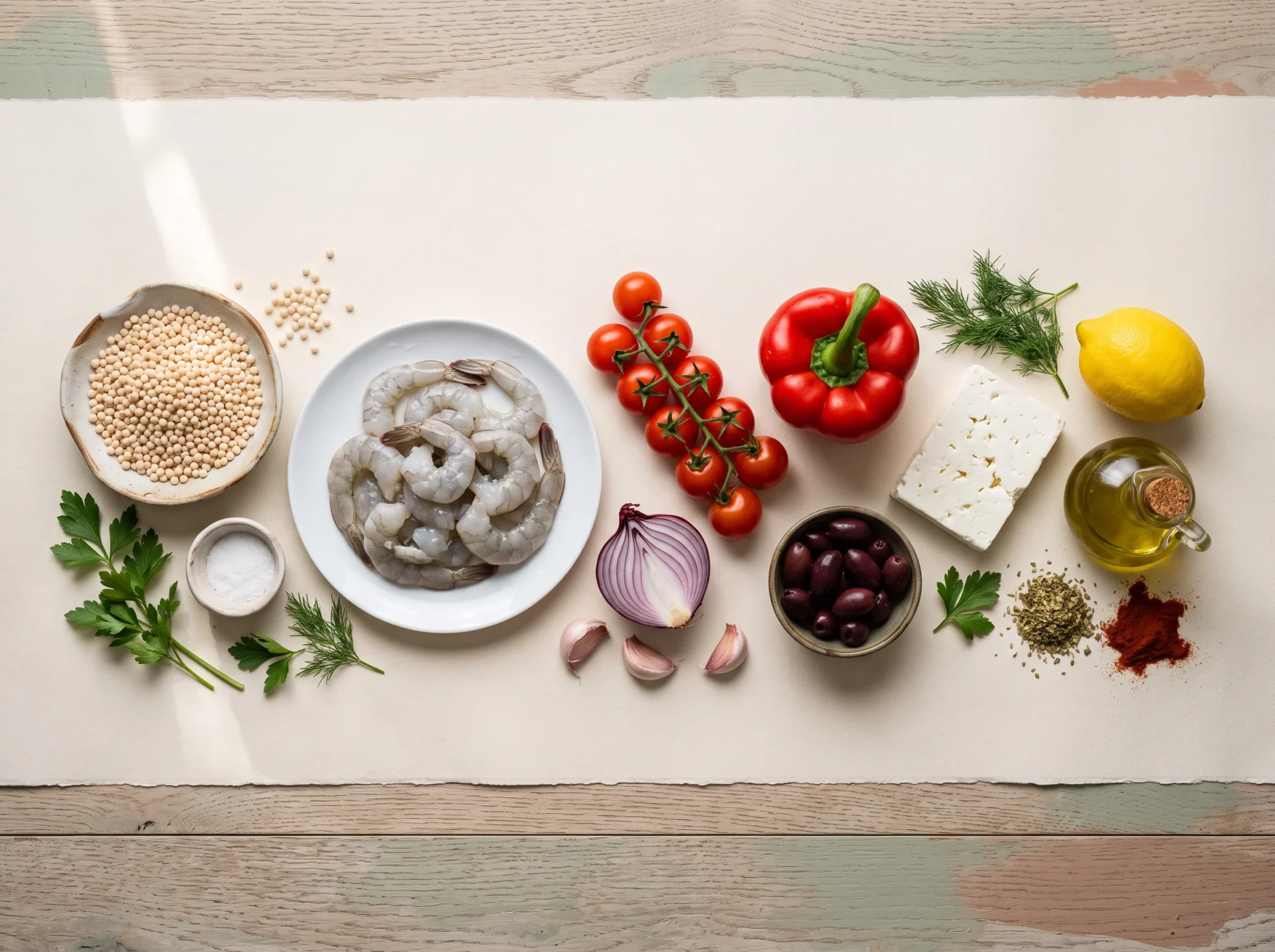 Raw ingredients laid out for shrimp couscous: pearl couscous, peeled shrimp, tomatoes, red pepper, onion, olives and feta