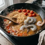 Raw shrimp laid over simmering pearl couscous and cherry tomatoes in a black steel skillet, wooden spoon mid-stir