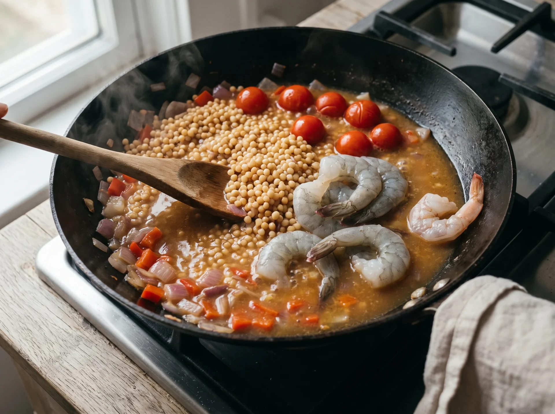Raw shrimp laid over simmering pearl couscous and cherry tomatoes in a black steel skillet, wooden spoon mid-stir