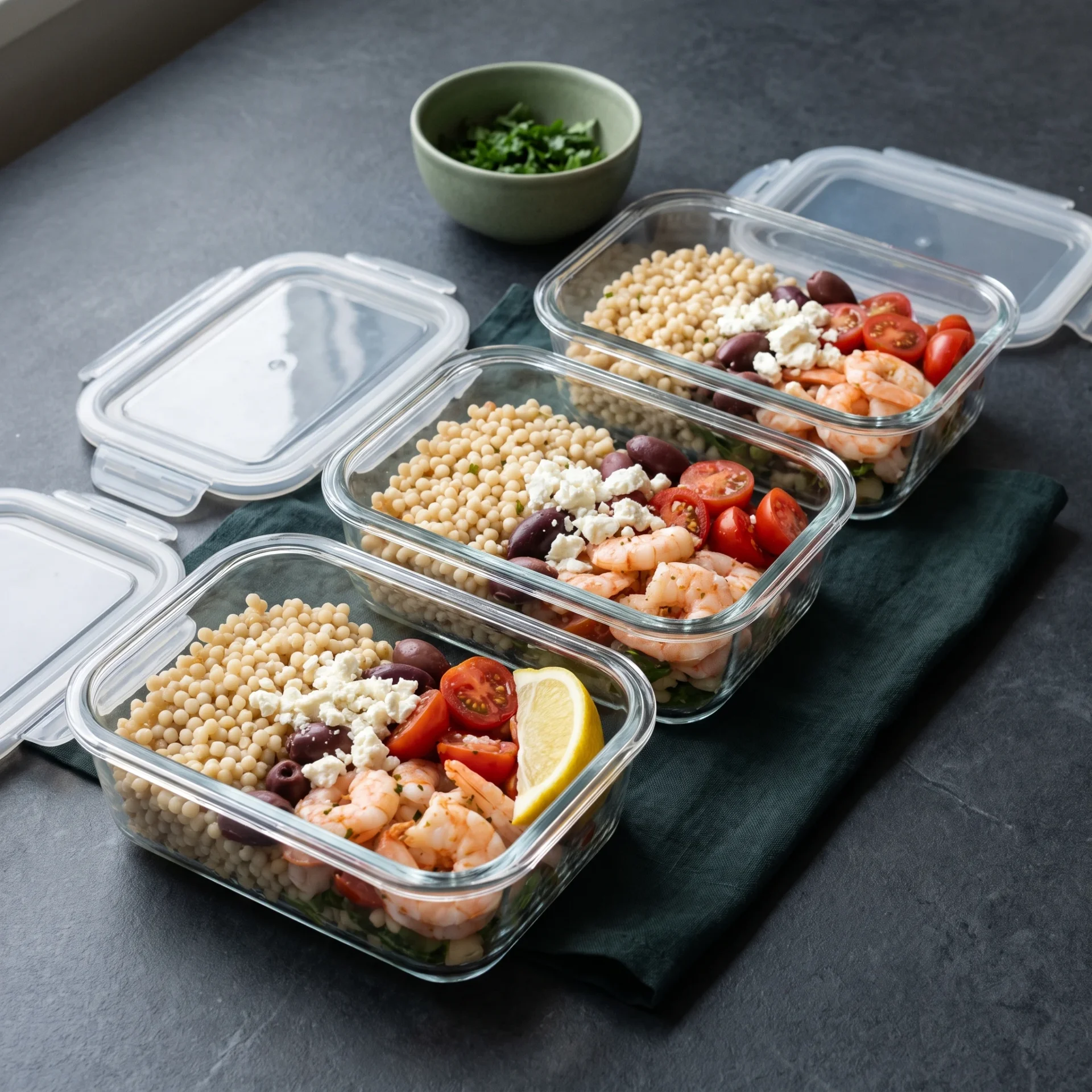 Three glass meal-prep containers packed with shrimp couscous, olives, feta and cherry tomatoes on a dark slate worktop