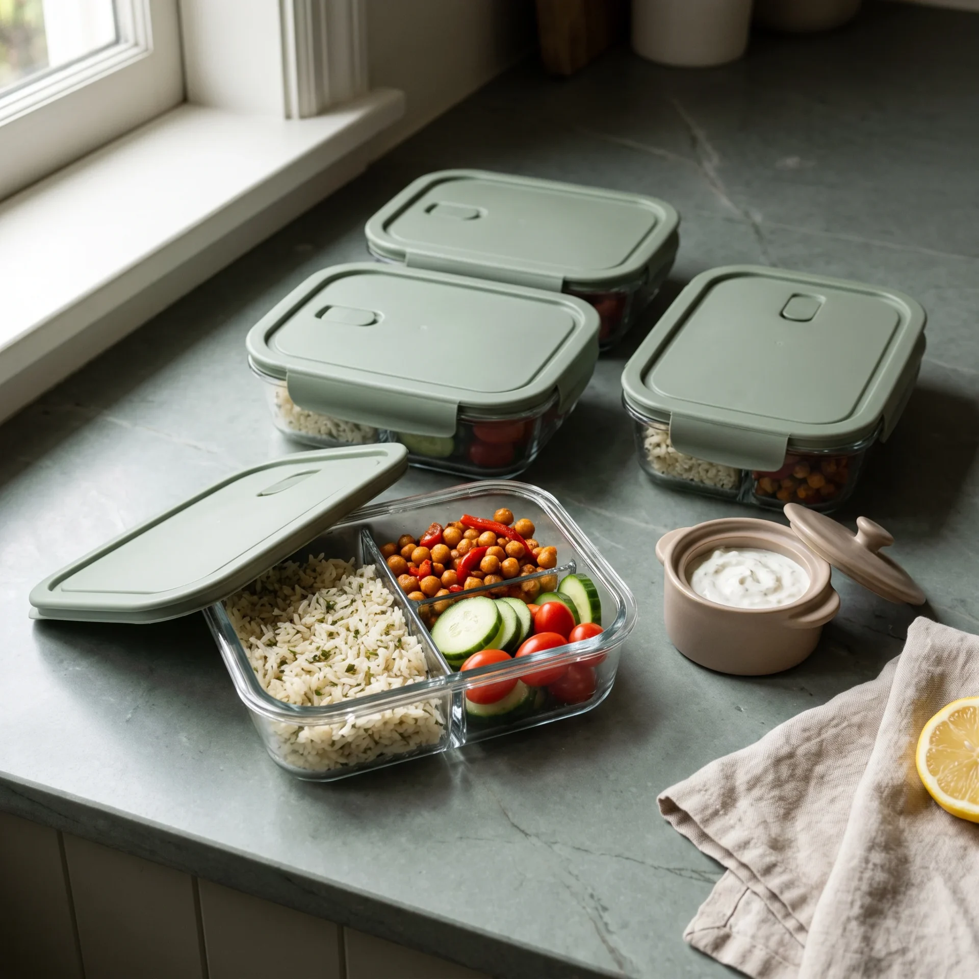 Four glass containers packed with Mediterranean rice bowls, sauce kept in a separate small pot