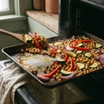 Chickpeas and vegetables part-roasted on a sheet pan, a wooden spatula turning them mid-cook