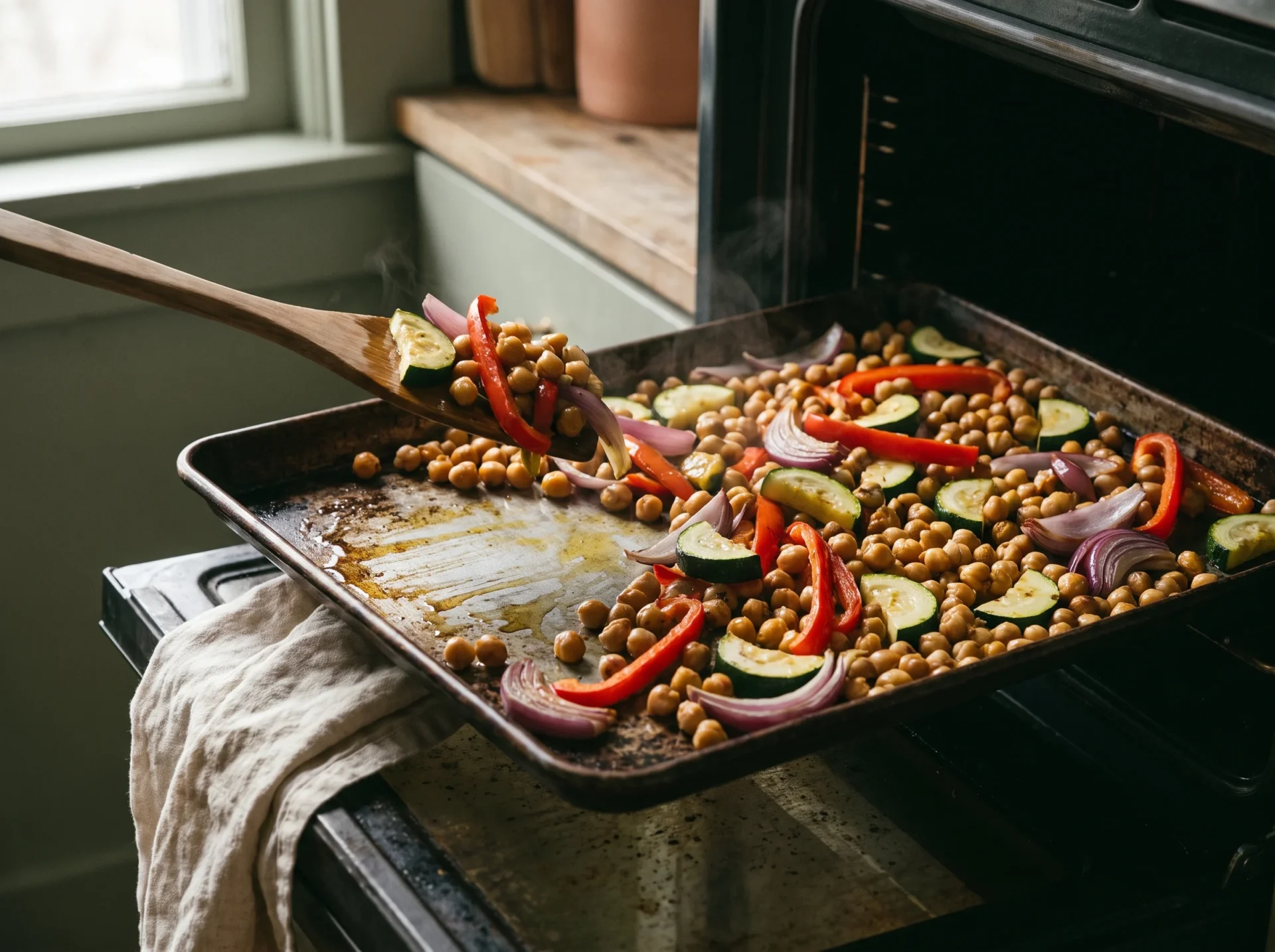 Chickpeas and vegetables part-roasted on a sheet pan, a wooden spatula turning them mid-cook