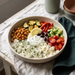 Mediterranean rice bowl meal prep bowl with herbed basmati, roasted chickpeas, vegetables, feta and whipped yogurt sauce