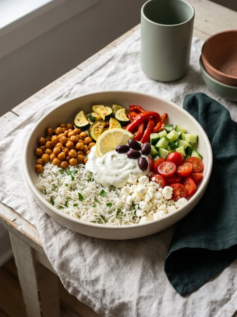 Mediterranean rice bowl meal prep bowl with herbed basmati, roasted chickpeas, vegetables, feta and whipped yogurt sauce