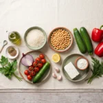Raw ingredients for a Mediterranean rice bowl laid out overhead: basmati, chickpeas, zucchini, peppers, feta and herbs