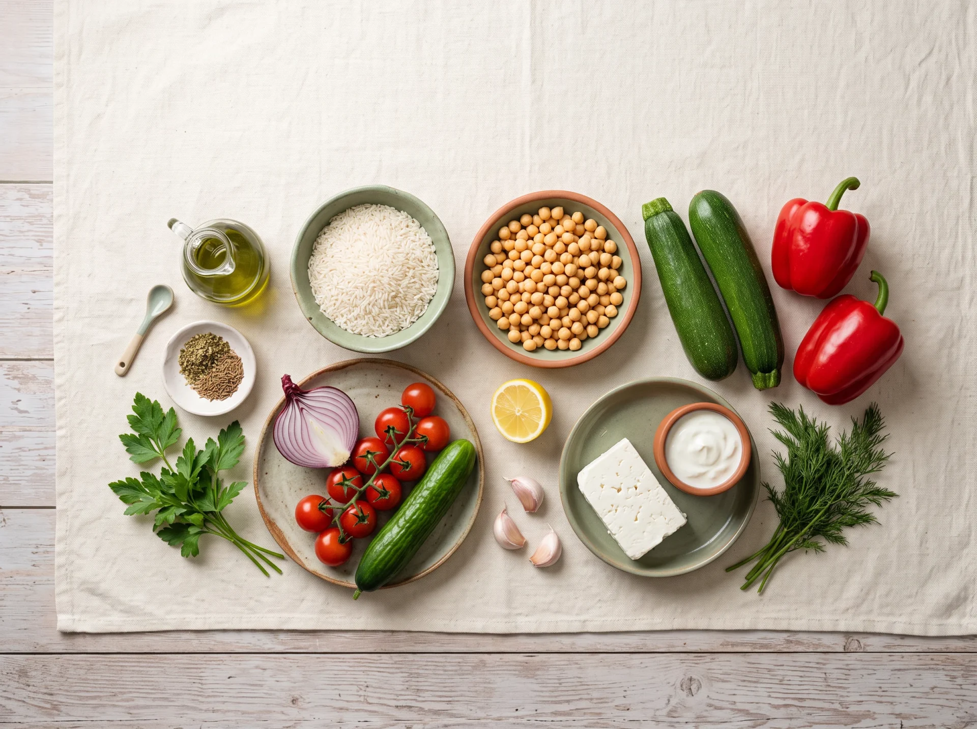 Raw ingredients for a Mediterranean rice bowl laid out overhead: basmati, chickpeas, zucchini, peppers, feta and herbs