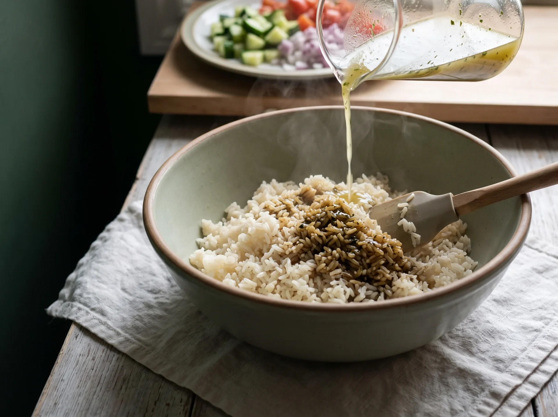 Lemon-oregano dressing poured over warm cooked rice in a wide bowl, a spatula folding one edge