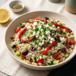 Make ahead Mediterranean rice salad with olives, roasted peppers, white beans, cucumber and crumbled feta