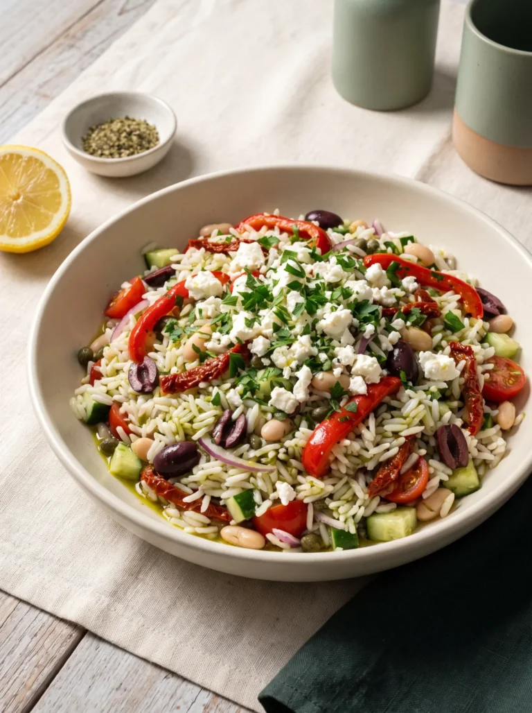 Make ahead Mediterranean rice salad with olives, roasted peppers, white beans, cucumber and crumbled feta