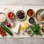 Raw and pantry ingredients for a Mediterranean rice salad laid out overhead: rice, olives, capers, peppers, beans and feta