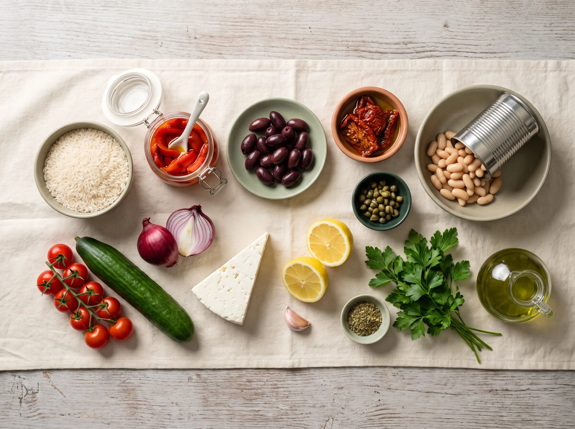 Raw and pantry ingredients for a Mediterranean rice salad laid out overhead: rice, olives, capers, peppers, beans and feta