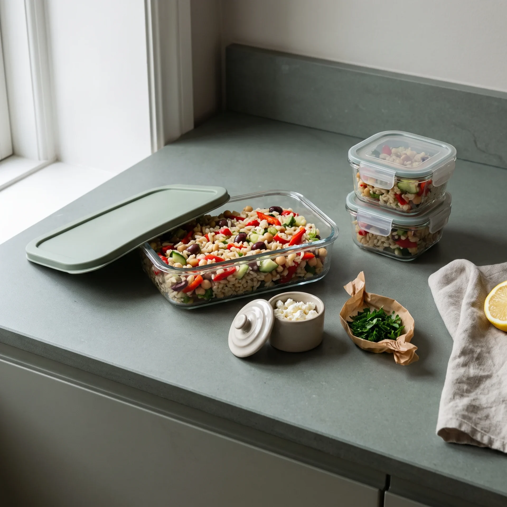 Cold Mediterranean rice salad packed in glass containers with feta and chopped parsley kept separate