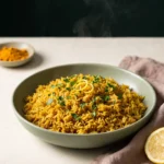 Bowl of Mediterranean yellow rice made with brown basmati, golden grains flecked with parsley and lemon zest