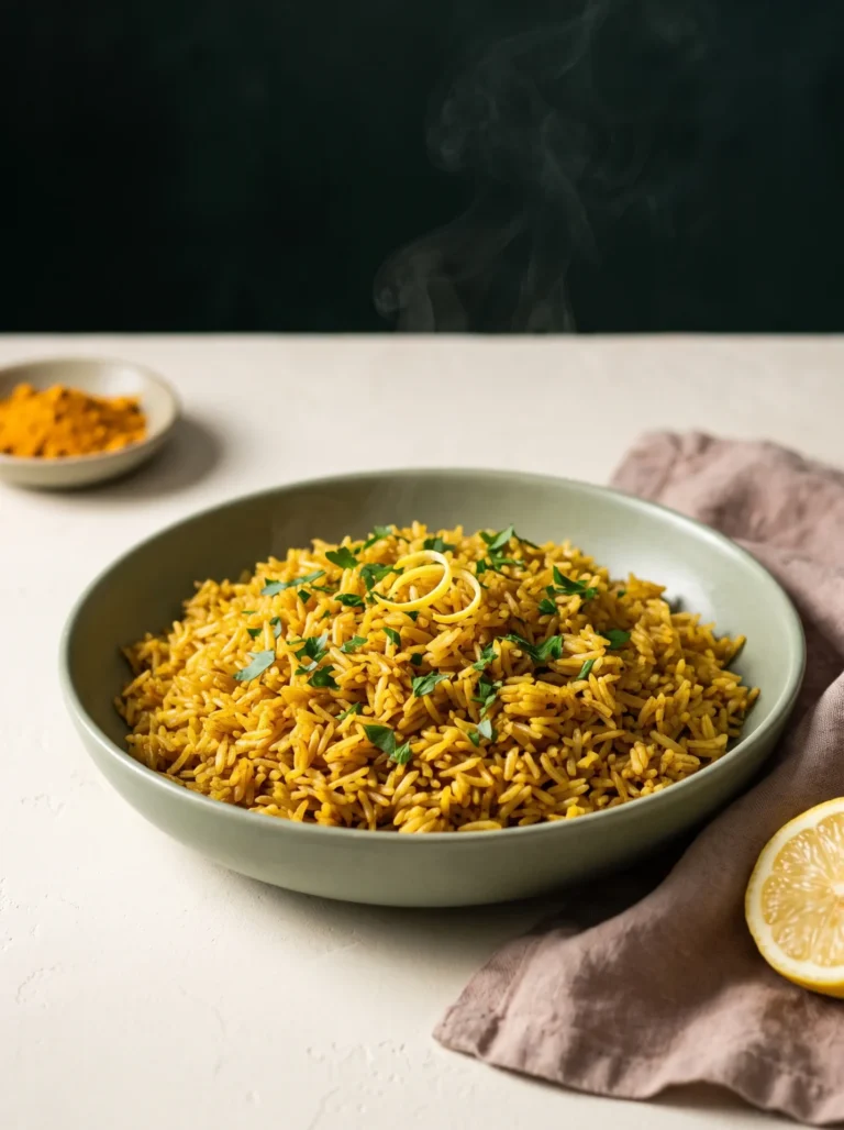 Bowl of Mediterranean yellow rice made with brown basmati, golden grains flecked with parsley and lemon zest
