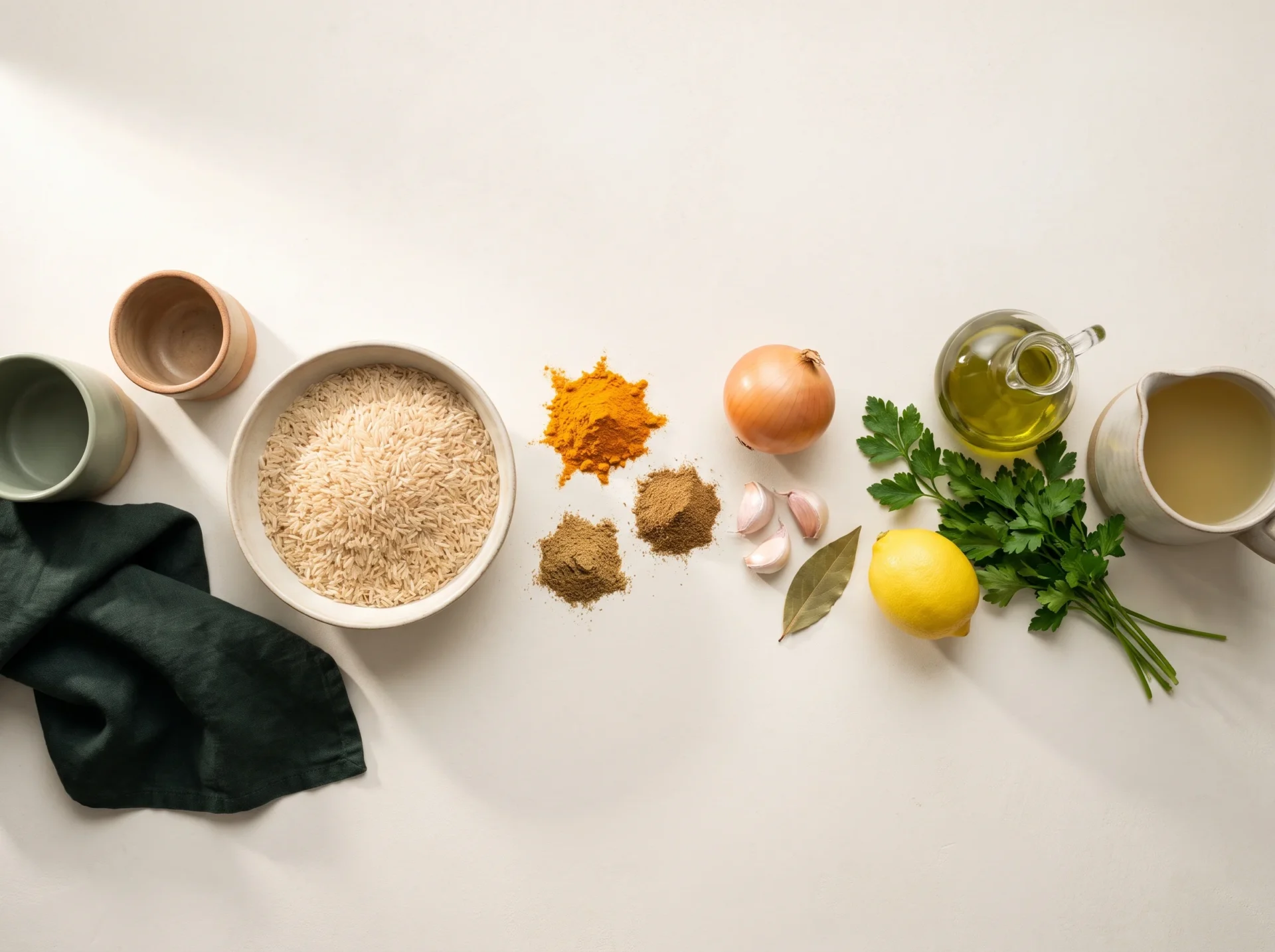 Raw ingredients laid out: brown basmati rice, ground turmeric, cumin, coriander, onion, garlic, lemon, parsley and olive oil