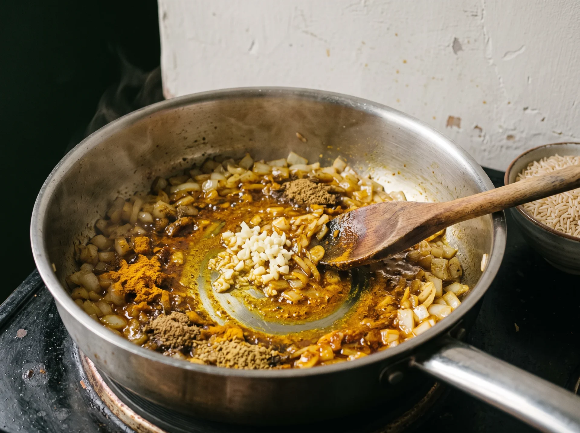 Ground turmeric, cumin and coriander half stirred into hot olive oil with softened onion and garlic in a steel saucepan