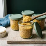Four glass meal-prep containers with sage lids filled with cooled golden brown basmati rice, one being spooned in
