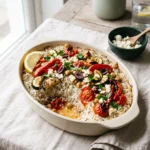 Baked Mediterranean rice with vegetables in a cream oval dish, topped with roasted peppers, zucchini, tomatoes, olives and feta