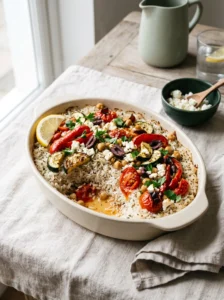 Baked Mediterranean rice with vegetables in a cream oval dish, topped with roasted peppers, zucchini, tomatoes, olives and feta