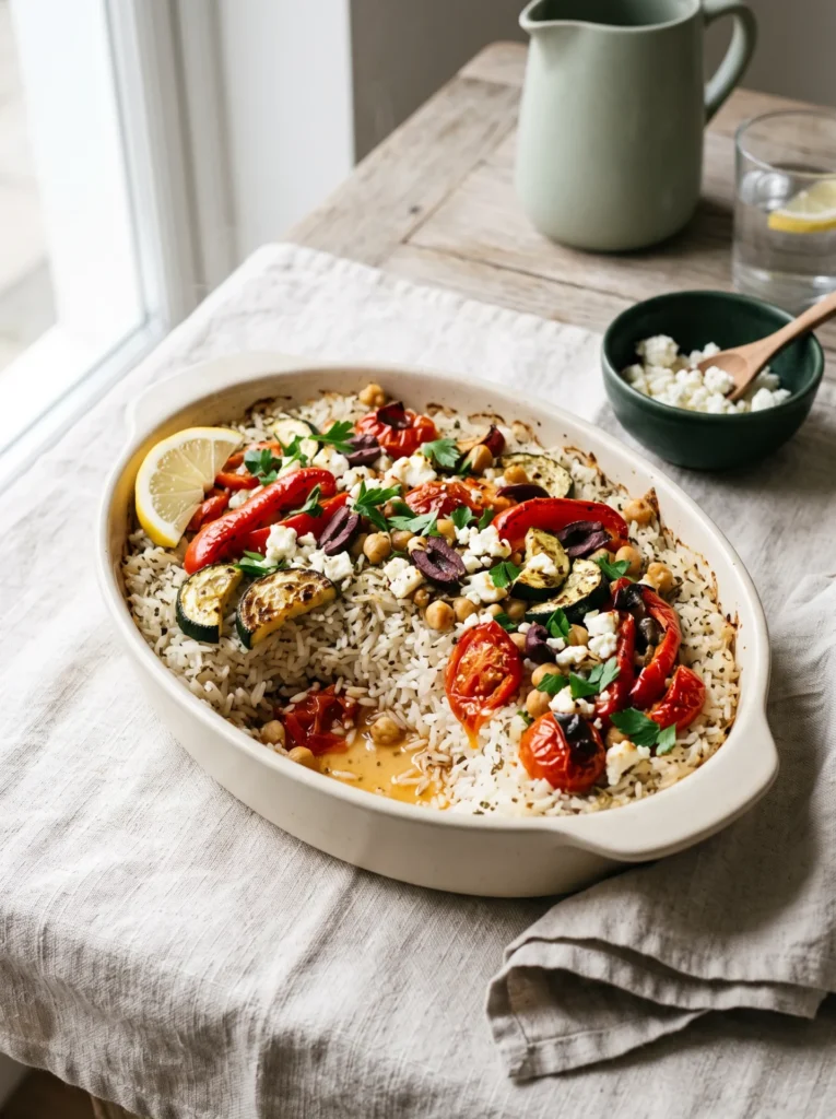 Baked Mediterranean rice with vegetables in a cream oval dish, topped with roasted peppers, zucchini, tomatoes, olives and feta