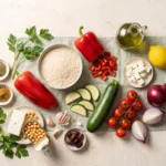 Raw ingredients overhead: dry long-grain rice, red pepper, zucchini, cherry tomatoes, red onion, chickpeas, feta, olives and lemon