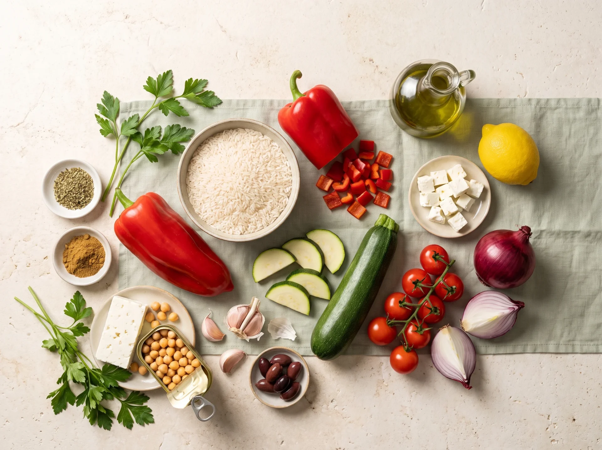 Raw ingredients overhead: dry long-grain rice, red pepper, zucchini, cherry tomatoes, red onion, chickpeas, feta, olives and lemon